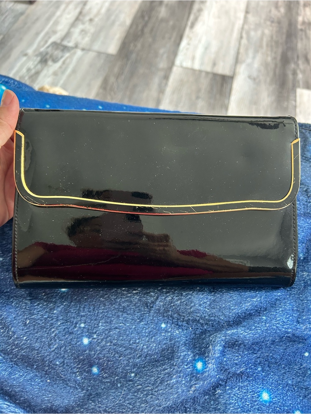 4/$100 vintage Black Patent Clutch with Gold Trim